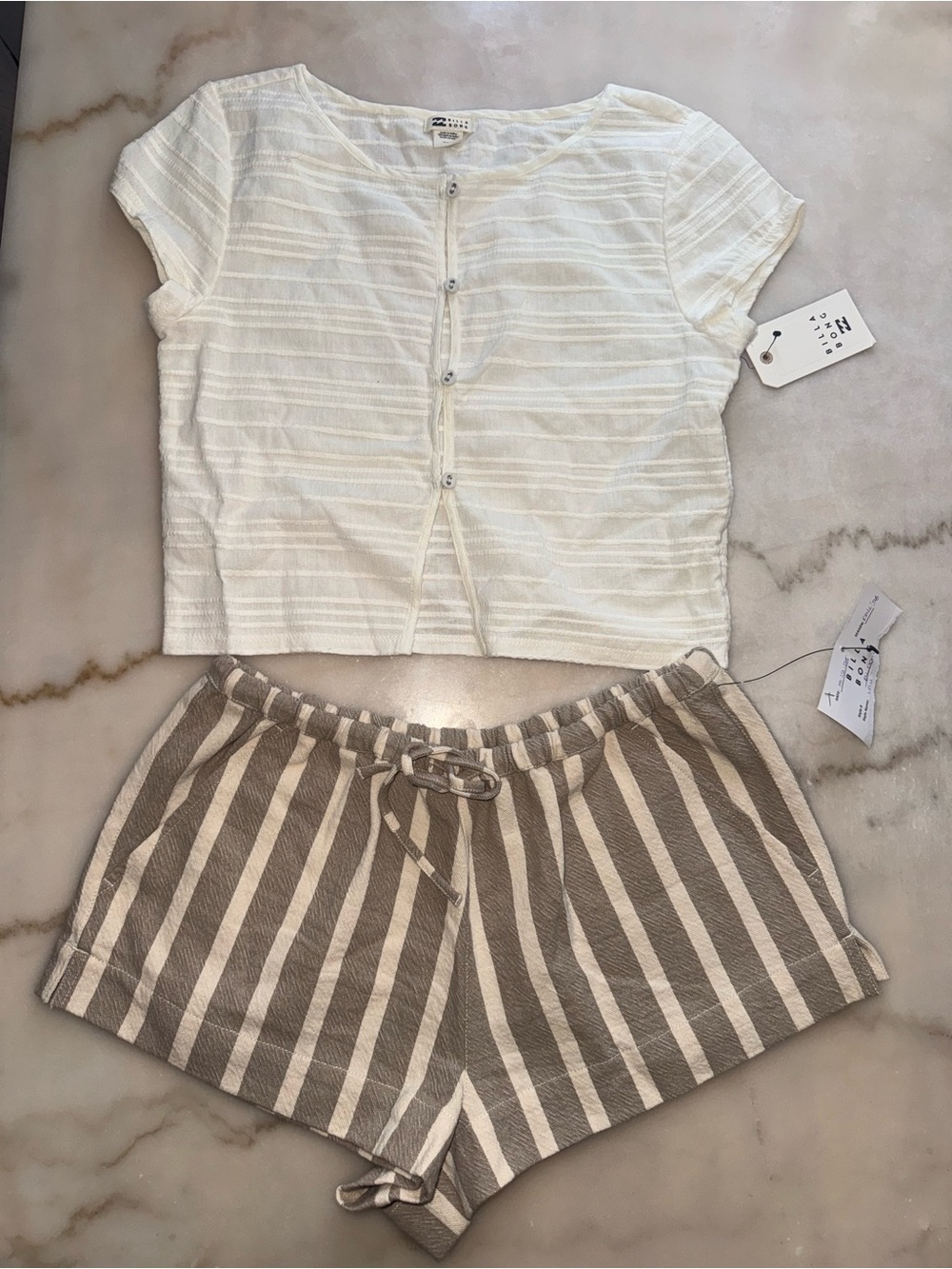Billabong Beige and Cream Striped Shorts & White Button Top Set